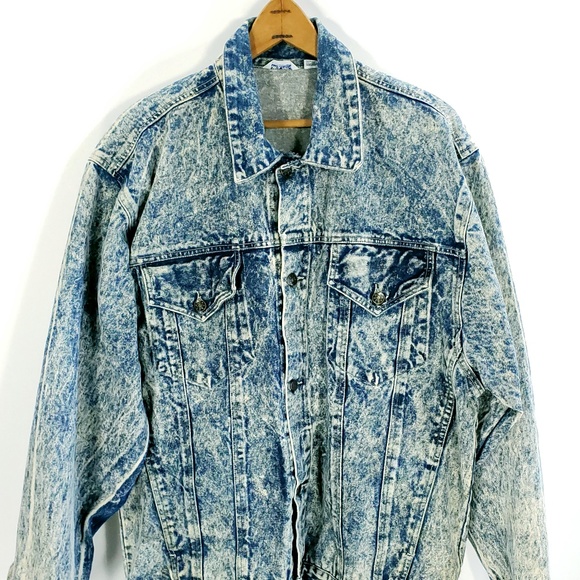Vtg  Acid Wash Denim Jacket Womens Large Glitter Design First Concept Distressed - Picture 1 of 8